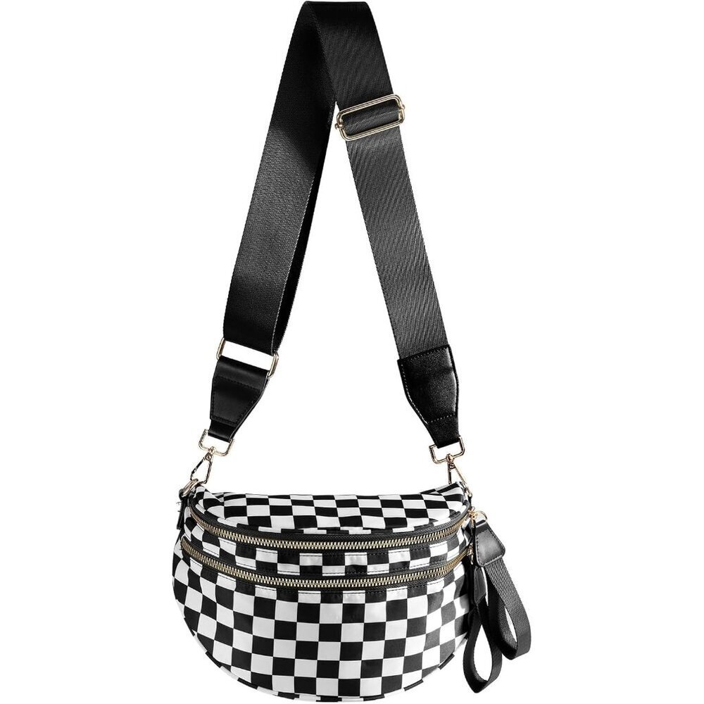 Women Black White Imported Polyester Checkered Crossbody Fanny Pack Belt Bum Bag